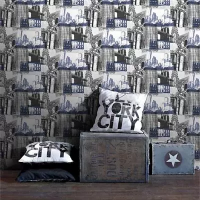 Fresco Blue & Black New York Cityscape Wallpaper Paste The Paper 104631 • £15