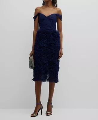 $895 Marchesa Notte Women's Blue Polka Dot Ruffled Off-Shoulder Dress Size 6 • $286.78