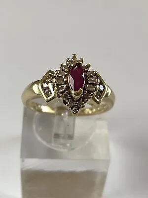 Estate 10k Yellow Gold Natural DIamond And Marquise Ruby Sz 7 Ring 3.3 Grams • $259.99