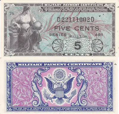 Military Payment Certificate Series 481 5 Cent Korea Era 1951-54 Unc Stock Photo • $24.95