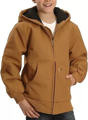 Carhartt Active Jacket Boys M Medium 10/12 Duck Brown Quilted Lined Hooded Coat • $65