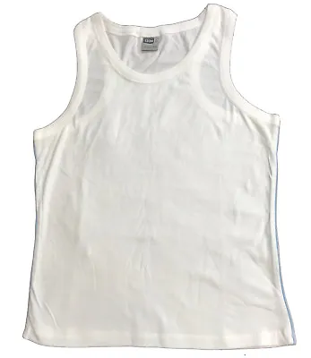 Jerzees Plain WHITE Cotton Sports Muscle Back Vest Tank Top With GREY/BLUE Trim • £6.99