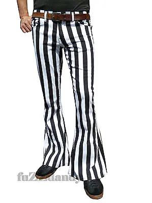 £36.99 • Buy FLARES White Black Striped Mens Bell Bottoms Hippie Vtg Indie Trousers Stripey