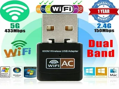 $8.73 • Buy USB WiFi Wireless Adapter 802.11ac AC600 Dongle WPS 5GHz Dual Band 5dBi Speedy