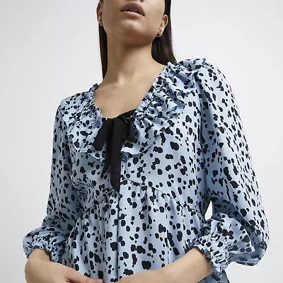 £7 • Buy River Island Womens Blouse Blue Animal Print Tie Front Casual 3/4 Sleeves