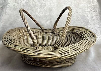 Vintage Wicker Oval Harvest Vegetable Fruit Double Folding Handle Basket L 15.5” • $17.99