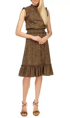 Michael Michael Kors Smocked Waist Cheetah Print Dress Husk Size XS 3148 • $43.75