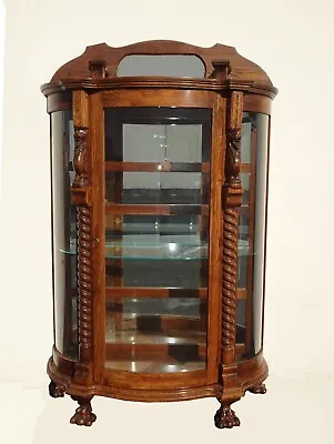 Antique Oak French Country Oak Curio Cabinet Display Case Barley Twist Claw Feet • $1667.60