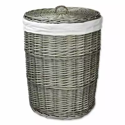 Antique Wash Round Wicker Laundry Basket Lined Woven Linen Hamper Lidded Bin • £55