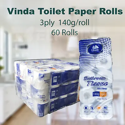 $65 • Buy 60 X Vinda Toilet Paper Tissue Rolls 3-Ply 140g -Soft & Thick White Roll