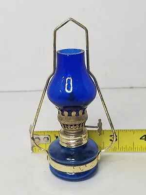 Vintage Blue Glass Miniature Oil Lamp Square Shape Base Approx. 4.5  • $10.99