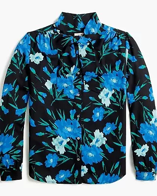 New! J Crew Sz XS S Blue Floral Long Sleeve Bow Top AS363 Black NWT • $34.26