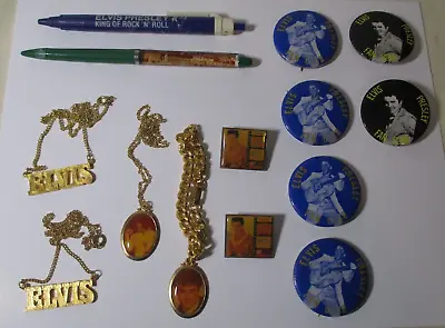 Lot ELVIS PRESLEY Jewelry NECKLACES Pins FLOATING INK PEN Fan Club Buttons #5677 • $44.99