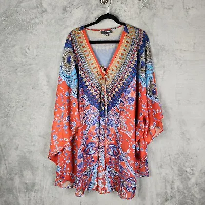 Autograph Womens Kaften Tunic Blouse Plus Size M/L Orange Floral Rhinestone Tie • $12.80