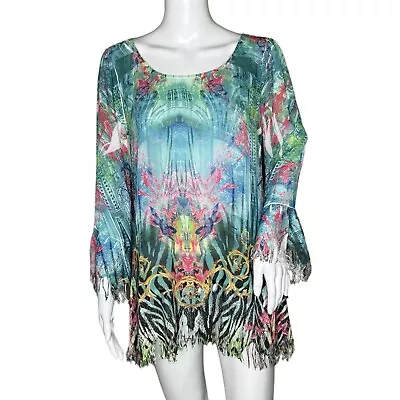 Mushka Sienna Rose Shirt Womens Small Blue Green Colorful Artsy Art To Wear • $23.92