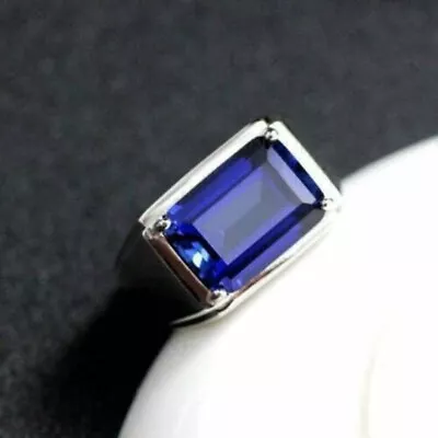 Lab Created Emerald Cut Blue Sapphire Solitaire Men's Ring 14k White Gold Plated • $126.65