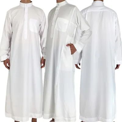 Men White Jubba Thobe Saudi Arab Jalabiya Long Sleeve Abaya Kaftan Pakistan Robe • $27.55