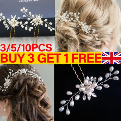 £3.49 • Buy 10pcs Pearl Flower Diamante Crystal Hair Pins Clips Prom Bridal Party Wedding UK