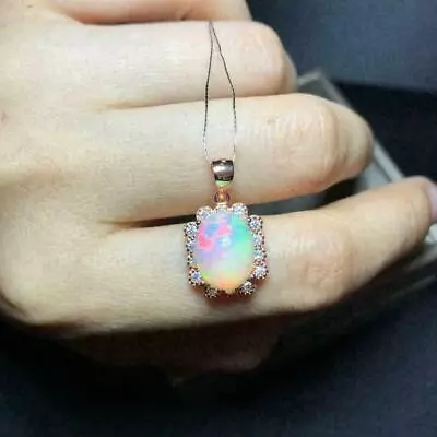 2Ct Oval Cut Fire Opal Diamond Halo Pendant Necklace 14K Yellow Gold Over Chain • $81.04