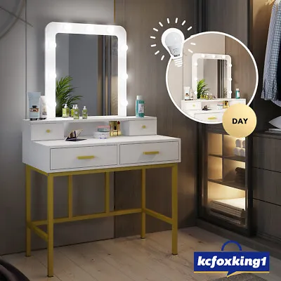 $229.49 • Buy Dressing Table Makeup Mirror Jewellery Organizer Cabinet LED Bulbs White & Gold