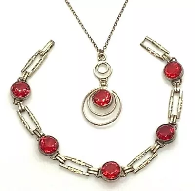 VTG R.F. Simmons Yellow Gold Filled Necklace & Bracelet Set W/ Ruby Red Crystals • $95