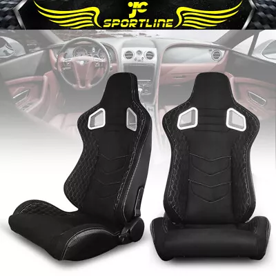 Universal Pair Reclinable Racing Seats + Dual Slider Dark Suede White Stitch • $339.99