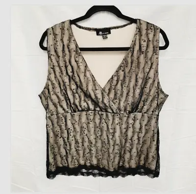 AB Studio Womens Blouse Size XL Black Beige V-neck Lace Shell Casual Fashion Top • $1.59