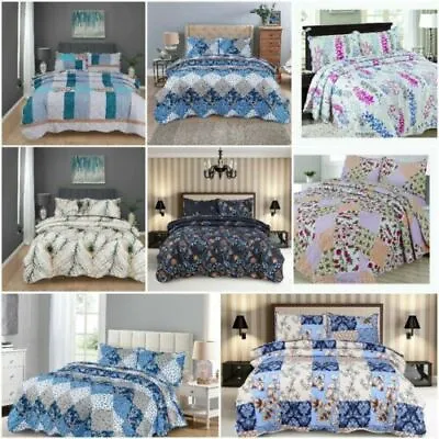 3 Pcs Patchwork Bedspread Quilted Throw Printed Bedding Set Double & King • £18.99