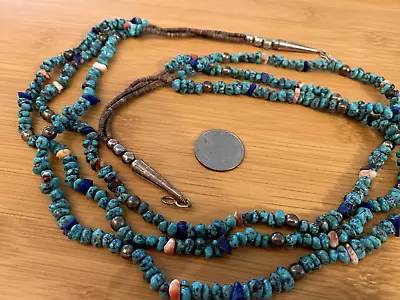 Vintage Santo Domingo Heishi Bench Bead Turquoise Triple Strand Coral Lapis • $240