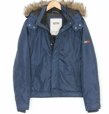 TOMMY HILFIGER Denim Fur Hooded Blue Padded Jacket Men Size M MJ1268 • $143.72