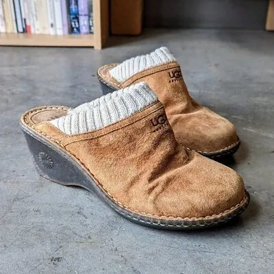 Ugg Gael Tan Brown Suede Knit Cuff Sherpa Lined Wedge Clogs Size 8 • $38.99