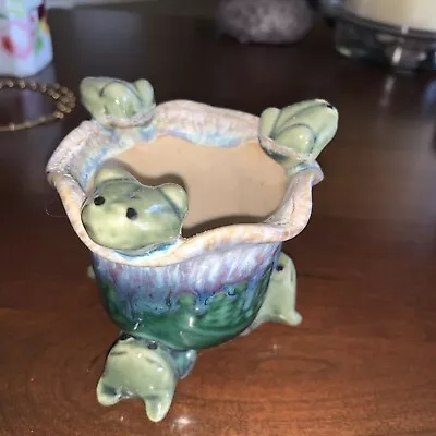 Vintage Majolica Good Luck Bamboo Frog Planter Lily Pad Vase Drip Glazed • $45