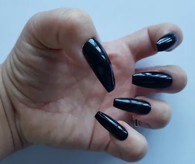 £3.99 • Buy 24 Black False Nails Hand Painted UV Gel Press On Nails Coffin Stiletto Square