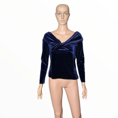 $12 • Buy ZARA Blue Velvet Criss Cross Plunge Neckline Off The Shoulder Stretch Blouse L