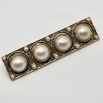 2.20  Long Pearl Bar Brooch Pin Vintage Mid Century Simulated Pearls Gold Tone • $9.98