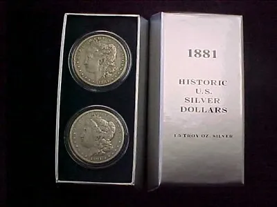 1881 P  Set Of 2 Historic U.s. Silver Morgan Dollars In Case • $79.99