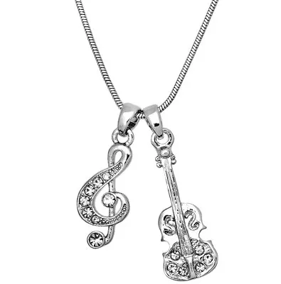 Beautiful Clear Crystal Treble G Clef And Violin Music Note Pendant Necklace • $12.95