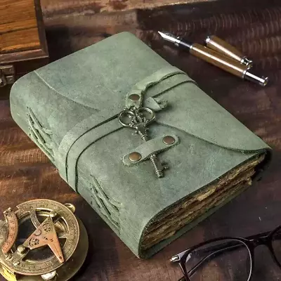 Vintage Genuine Leather Journal Deckle Edge Paper Handmade Green Leather Journal • £23.87