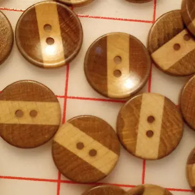 18 Vintage Natural Wooden 2 Hole Buttons Brown W Tan Stripe 1  25mm Reversible • $8