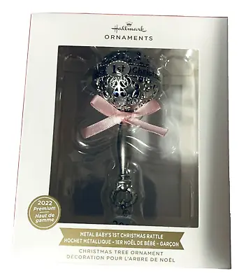 Hallmark Babys 1st Christmas Rattle Ornament 2022 Premium Metal Girl Pink Ribbon • $29.99