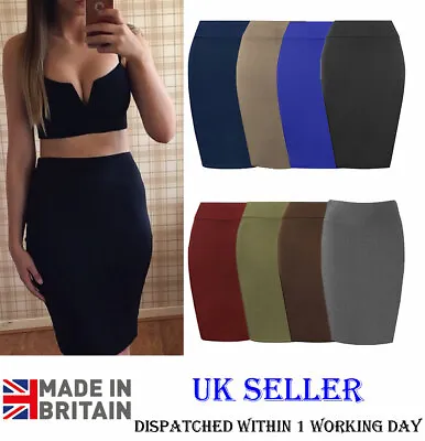Womens Midi Pencil Skirt Ladies Plus Size Bodycon Office Skirt Home Uniform 8-22 • £8.49