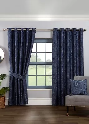 Eyelet Curtains Tegola Damask Jacquard Ready Made Pair Sundour Navy • £14.39