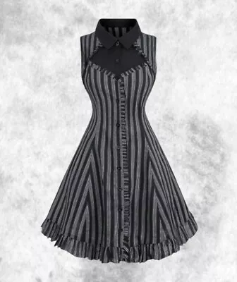 New Black Gothic High Neck Collared Striped Button Shirt Dress Size 2XL 20 22 24 • £34.99