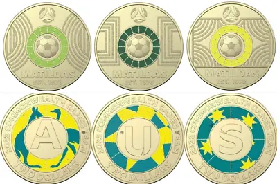 2022 & 2023 $2 Matilda FIFA Soccer & AUS Coloured Two Dollar Set 6 X CIRC Coin • $34.99