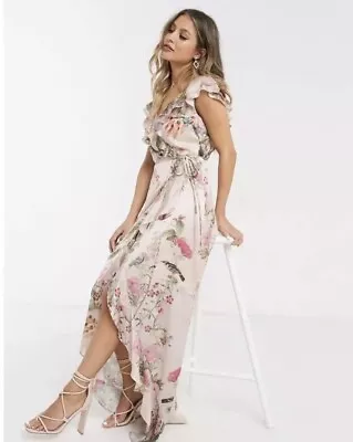 Lipsy Abbey Clancy Size 14 Nude Alyssa Floral Print Wrap Satin Maxi Dress • £9.50