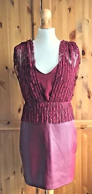 Zara Oxblood Vegan Faux Leather Peplum Dress Mulberry Red Wine Lace Top M 8 10 • $24.88