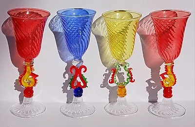 Murano Venetian Colorful Swirled Lampwork Stemmed Cordial Wine Glasses READ ALL • $70