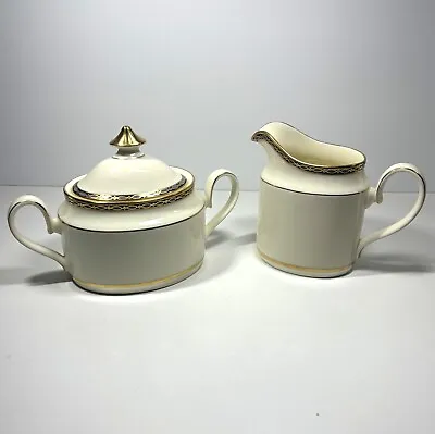 Minton St James Sugar Bowl W Lid And Creamer Bone China England Cobalt Trim EUC • $69.95