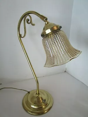 Midcentury  Fixed Brass Gooseneck Table Lamp Beaded Adjustable Glass Shade • $99