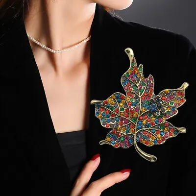 Vintage Style Multi-color Rhinestone Crystal Maple Leaf Woman Brooch Pin • $6.60